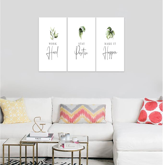 3 Piece Inspirational Wall Art, White Plants Sayings Picture, Quotes Work Stay Make it Canvas Prints for Office Decor, Triptych Entrepreneur Framed Artwork for Women Men Home Wall Decor (36" Wx24 H)