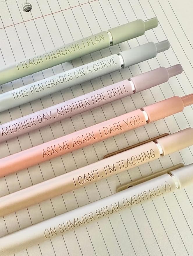 6 Pen Set｜Teacher Life Essentials Engraved Soft Touch Pens｜Funny Gift for Teacher Appreciation｜Back to School Supplies (Silver Pastel)