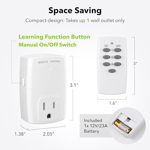 BN-LINK Mini Wireless Remote Control Outlet Switch Power Plug in for Household Appliances, Wireless Remote Light Switch, LED Light Bulbs, White (1 Remote + 3 Outlet) 1250W/10A