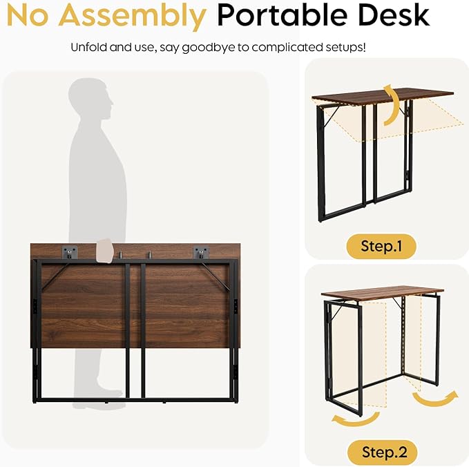 Folding Desk - 39.4” Wood Top Foldable Desk for Small Spaces | No Assembly Required Compact Desk for Home Office, Writing, and Study