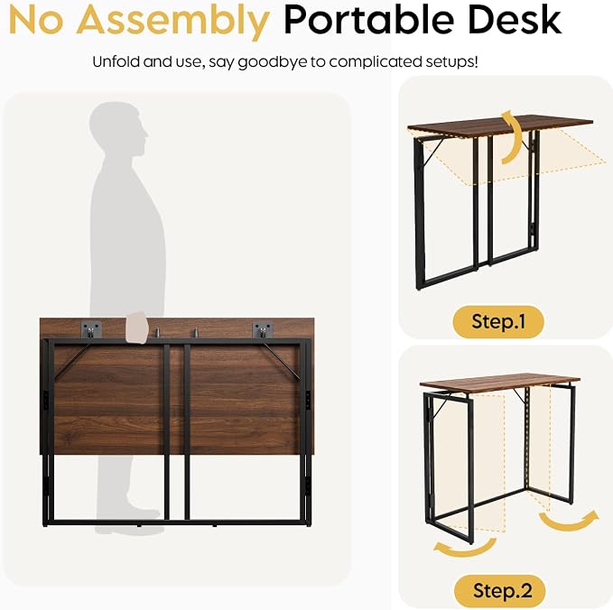 alawooder Folding Desk - 39.4” Wood Top Foldable Desk for Small Spaces | No Assembly Required Compact Desk for Home Office, Writing, and Study
