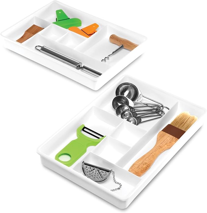 madesmart Plastic 6-Compartment Drawer Organizer Gadget Trays, Multipurpose Storage Bins for Drawers, White Set of 2 (Pack of 6)