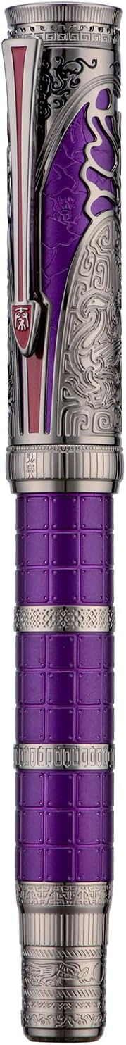 Hongdian D5X Fountain Pen Purple Color Extra Fine Nib, Qin Dynasty Retro Chinese Totem Engraving Smooth Writing Pen with Converter and Pen Box Set
