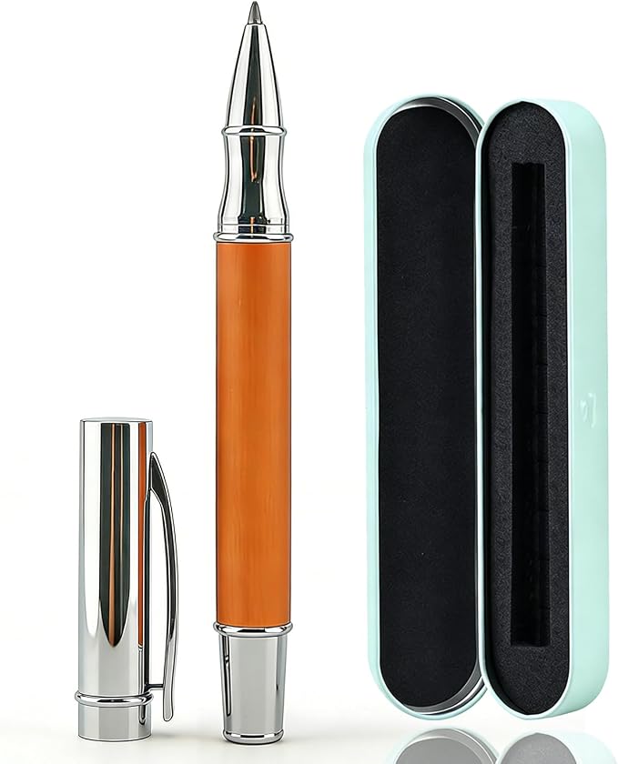 Brushed Metal Golden Rollerball Pen - 0.5mm Fine Point Executive Writing Pen for Men & Women, Professional Signature Pen for Business Office & Journaling with Metal Box