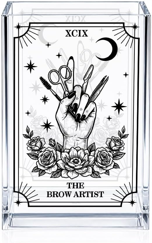 Brow Artist Makeup Tarot Acrylic Cosmetic Pencil Pen Holder, Funny Makeup Vanity Desktop Accessories for Women Mom Daughter Brow Boss Cosmetologist Wax Hustler Esthetician Tarot Lovers