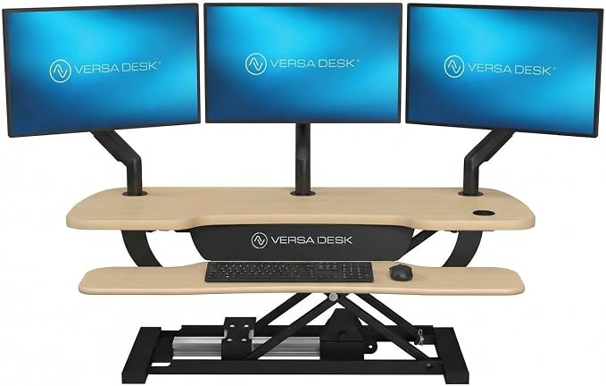 VERSADESK PowerPro Electric Standing Desk Converter - Height Adjustable Desk Riser with Keyboard Tray & USB Hub - Holds 80 lbs - Ergonomic Sit Stand Workstation for Home & Office | Maple (40” x 24”)