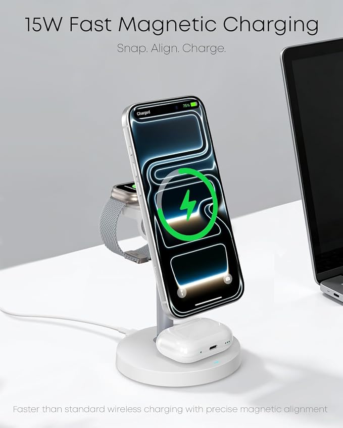 3 in 1 Magnetic Wireless Charging Station, 15W Charger for iPhone, White | Compatible with iPhone 12-17 Series, Apple Watch & AirPods, Charges 3 Devices Together, 18W Adapter Included, 3-Year Warranty