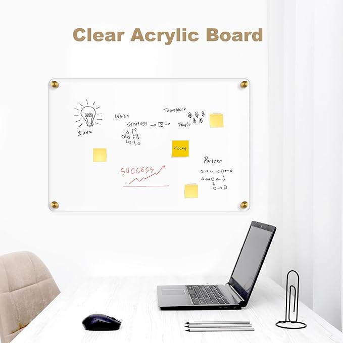 Large Clear Acrylic Dry Erase Board, 36" X 24" Golden Non-Magnetic Frameless Clear White Board for Wall, Erasable Acrylic Board for Wall, Home, Office, School, 2 Markers
