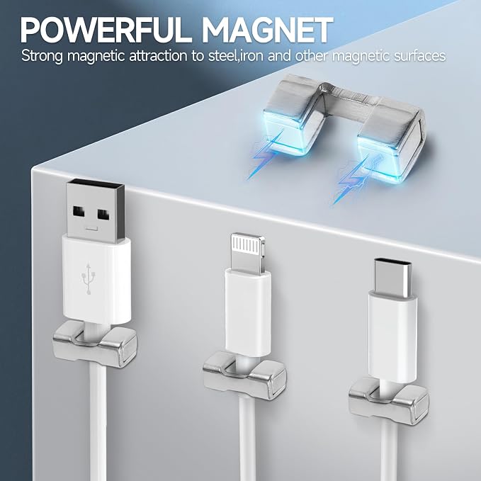 10 Pack Magnetic Cord Organizer Holder, Cable Clips - Strong Magnet Wire Management for Desk, Under Desk, Nightstand, Office, Car, Kitchen, Adjustable(Silver)