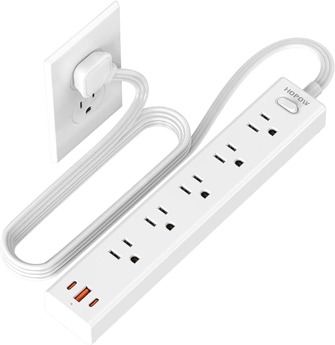 HOPOW Flat Plug Power Strip, 6 Ft Ultra Thin Flat Extension Cord, Surge Protector with 5 Outlets & 3 USB Ports (2 USB C), 1700 Joules, Wall Mount, Desktop Charging Station for Home Office Dorm, White