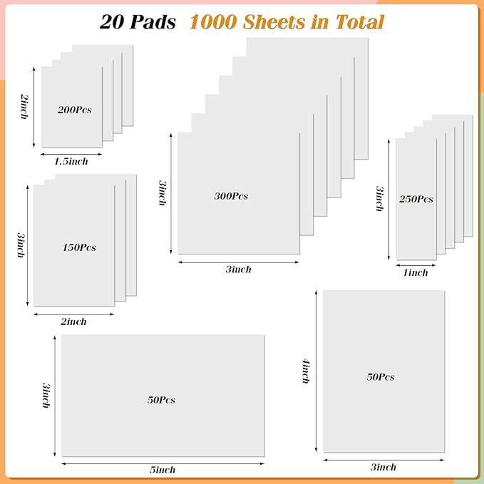 [1000 PCS] Transparent Sticky Notes, 6 Sizes Clear Sticky Notes Pads, Waterproof Self-Adhesive Translucent Sticky Notes for Annotating Books, See Through Sticky Notes for School & Office (Pack of 2)