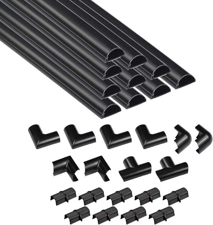 D-Line 157in Cord Cover Kit, Self-Adhesive Wire Hiders, Cable Raceway to Hide Wires on Wall, Electrical Cable Management - 10x 15.7 Lengths & 19 Accessories - 1.18" (W) x 0.59" (H) - Black