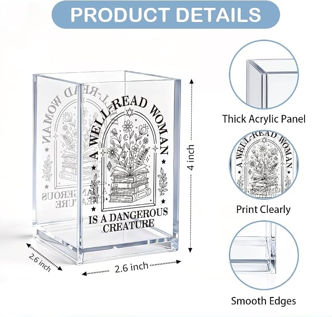 A Well Read Woman Is A Dangerous Creature Cosmetic Organizer Pencil Pen Holder, Bookmark Organizer Desk Accessories for Book Lover Librarian, Feminist Literary Office Gifts Makeup Brush Cup