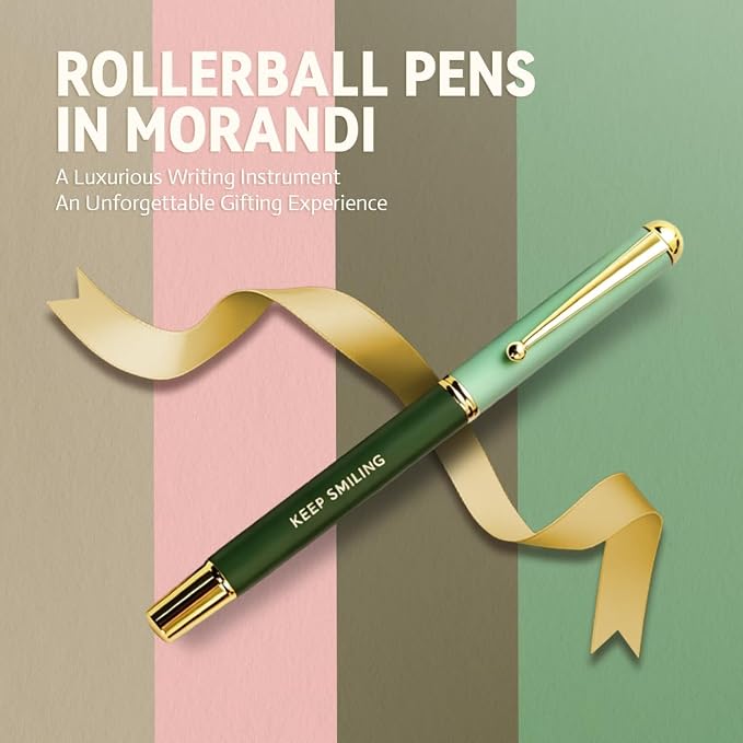 YUNCHUN Luxury Inspirational Rollerball Pen Set Gifts for Women & Men, Metal Pens with Motivational Words, Smooth Black Ink Medium Point, Elegant Executive Gift Pens with Extra Blue Refill, Green