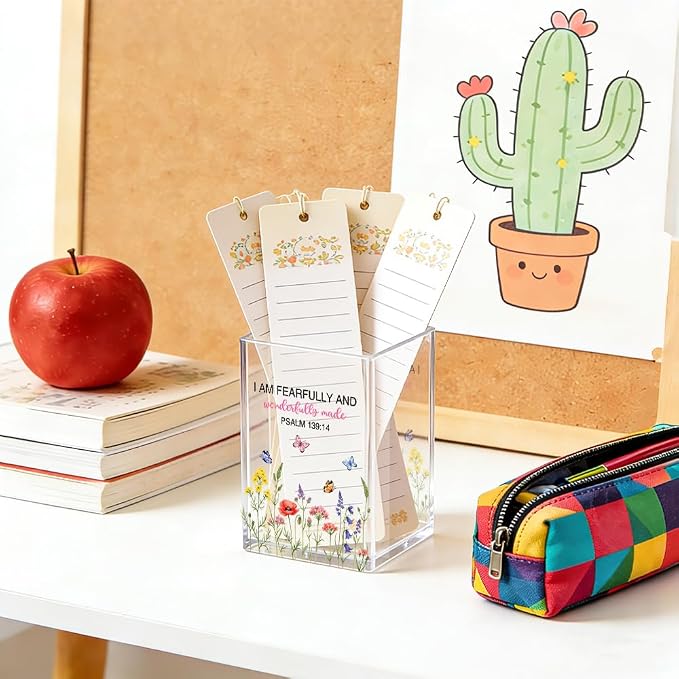 I Am Fearfully And Wonderfully Made Acrylic Pencil Pen Holder Cup, Psalm 139:14 Makeup Brush Storage Organizer, Cute Wildflowers Desk Accessories Holder, Graduation Gifts for Daughter Niece