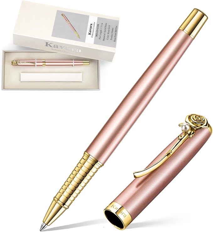 Rose & Pearl Rollerball Pen – Luxury Brass Pen Gift Set for Women, Jewelry-Inspired Design, Glossy Finish, with German Refill, Romantic Gift for Her, Anniversary & Valentine’s Day (Rose Gold)