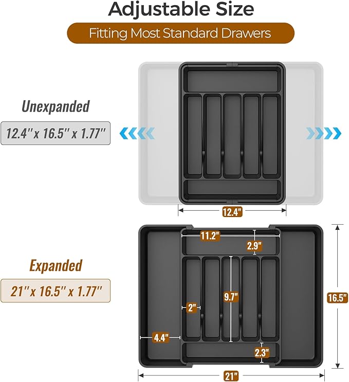 ukeetap Extra Large Expandable Silverware Organizer, BPA-Free Food-Safe Cutlery Flatware Organizer, Kitchen Utensil Drawer Organizer, Adjustable Silverware Holder for Spoons Forks Knives, Black