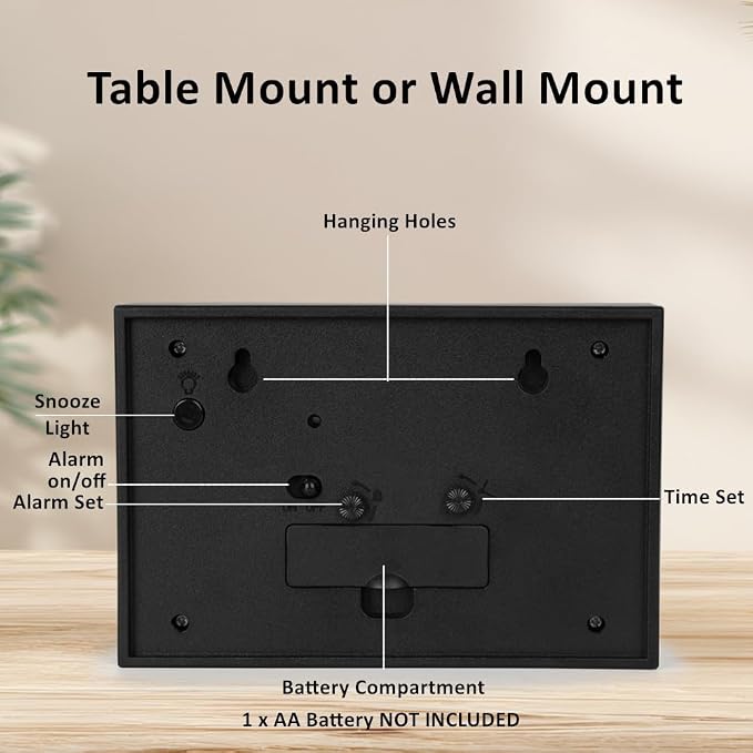 Silent No Ticking Analog Alarm Clock,Crescendo Alarm,Snooze with Light,Tablemount Wall Mount for Desk Bedside,Black