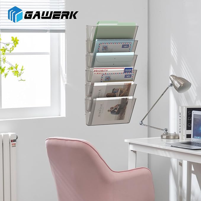 Gawerk Clear Acrylic Single Pocket, Plastic Hanging Wall Mount File Holder for Office Home (Gray, 1 Pack)