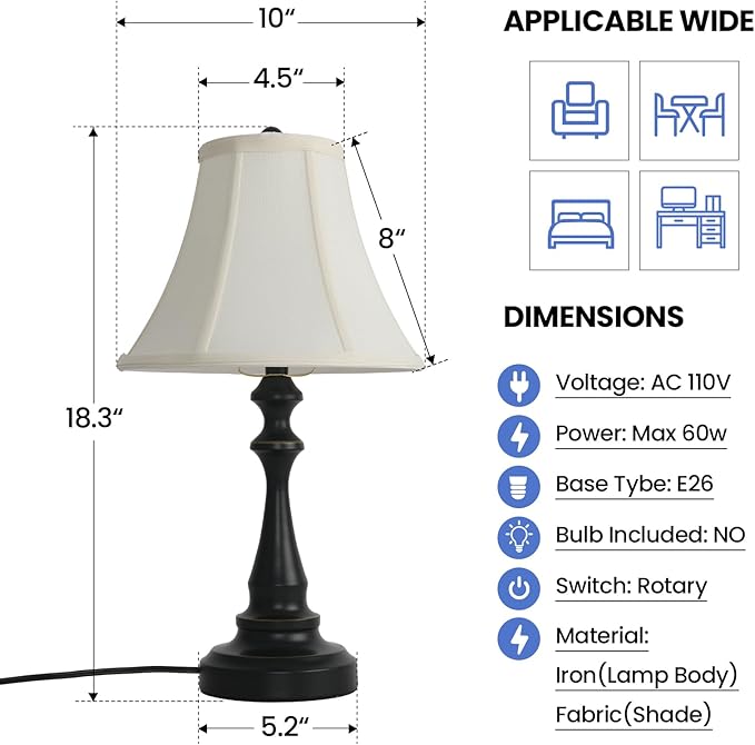 Traditional Table Lamp, Vintage Desk Lamp for Living Room with Fabric Shade, Farmhouse Bedside Lamp Black Finish for Bedroom Nightstand Office Hotel (Pack-01)