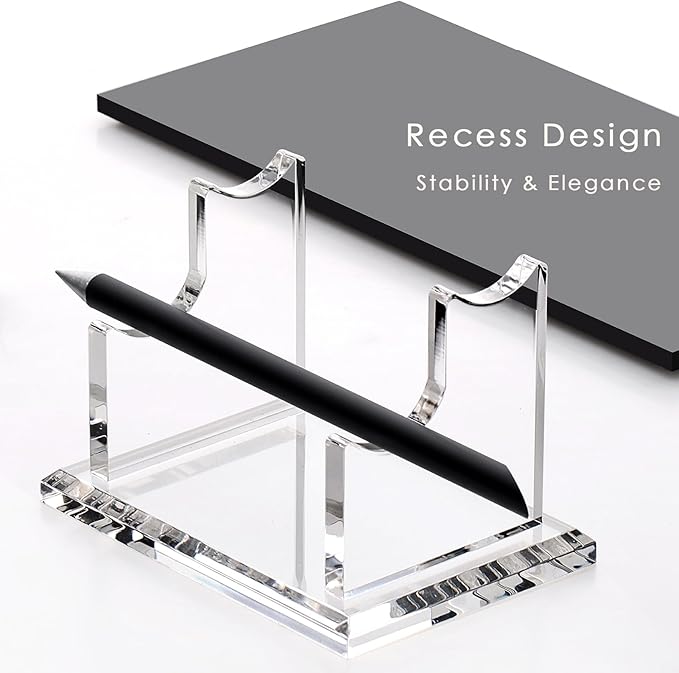 YUXUN Acrylic Pen Holder for Desk - Horizontal Double Pen Display Stand with 8mm Thick Base | Fountain Pen Rest, Apple Pencil Stand, Crystal-Clear Desk Organizer