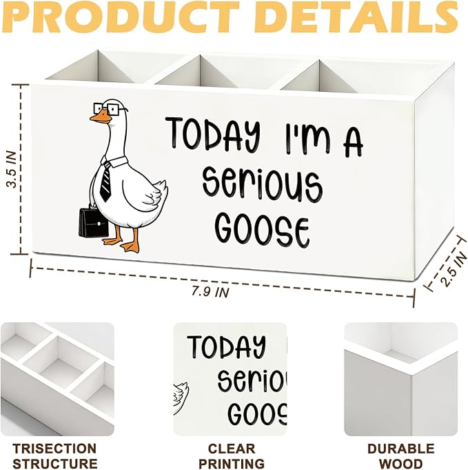 Funny Goose Pen Pencil Holder for Desk, Office Humor Gifts for Coworkers, Today I'm a Serious Goose Wooden Box Sign Organizer for Office Workplace Desk Accessories Tabletop Decorations