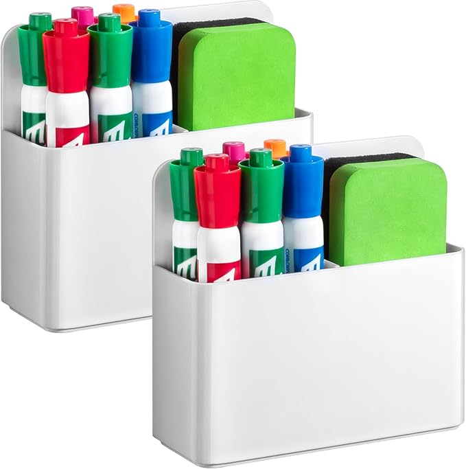 2 Pcs Magnetic Dry Erase Marker Holder for Whiteboard, Plastic Magnetic Pen Holder for Refrigerator Fridge, Magnet Pencil Cup for School Classroom, Locker Accessories, Pen Cup Organizer-White