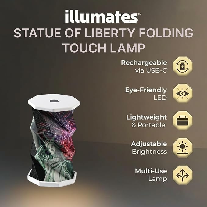 Origami Expanding Foldable LED Desk Lamp – USB Rechargeable & Portable - Dimmable Touch Control Light with Adjustable Height up to 5 1/2 for Office, Bedside - Sleek & Modern Design (Statue Of Liberty)