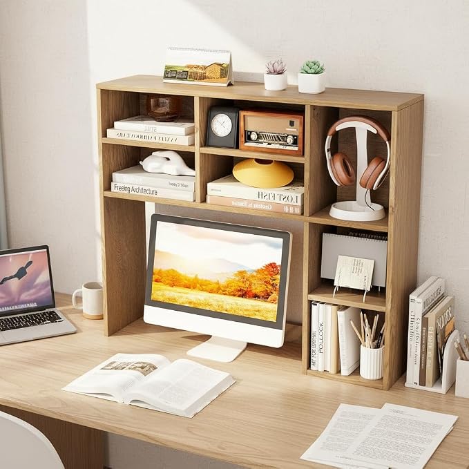 Tangkula Desktop Bookshelf, 37" Countertop Storage Hutch with 7 Cubes & 3 Adjustable Shelves, 3-Tier Desk Display Rack Organizer, Multipurpose Wood Desktop Hutch for Dorm Home Office (Natural)