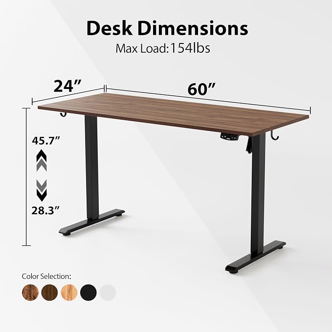 Agilestic Electric Standing Desk, 60 x 24 Inches Height Adjustable Desk, Sit Stand up for Work Office Home, Ergonomic Rising Computer Table with Memory Preset, Dark Walnut