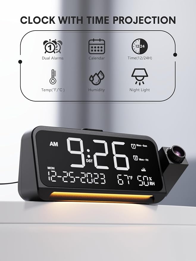Mesqool Projection Alarm Clock Ceiling Display, with Temperature, Humidity | Dual Alarms, 5-Level Dimmer, Date, Night Light, Weekday/Weekend Mode, 12/24H, DST, , Snooze, 180° Rotatable, for Bedroom