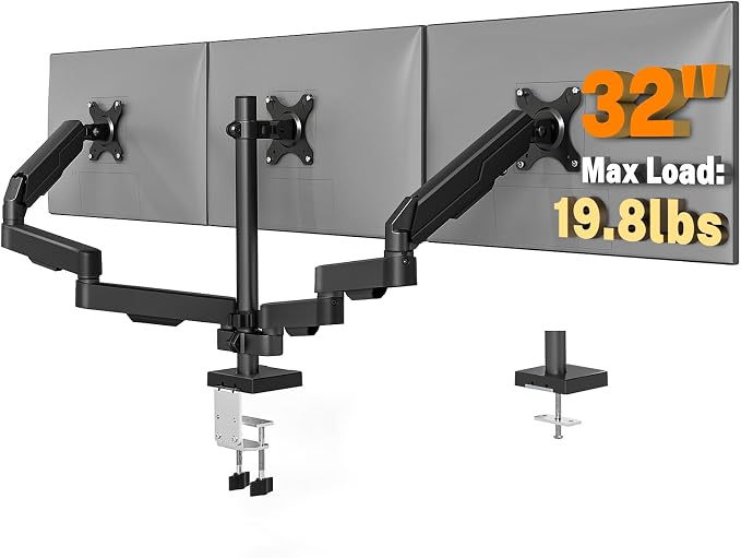 5Rcom Triple Monitor Mount Stand for 17-34 Inch Computer Screens | Gas Spring Full Motion Arms, Each Holds 22lbs, Compatible 75/100mm VESA Mount