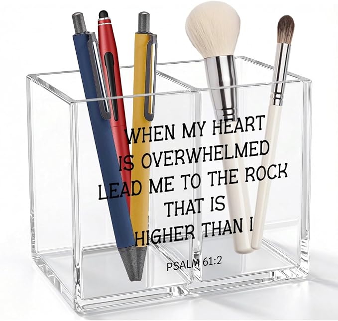 Inspirational Christian Acrylic Cosmetic Pencil Pen Holder Cup Religious Gifts for Women Men Psalm 61:2 Bible Verses Christian Decor for Home Office Desk Vanity Organizers and Accessories