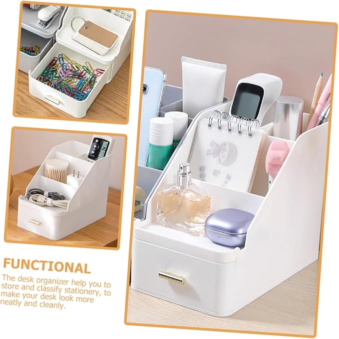Luxshiny Large Capacity Desk Storage Box with Drawer Multi Functional Desktop Organizer Pen Holder for Home and Office Versatile Compartments for Supplies Modern Design