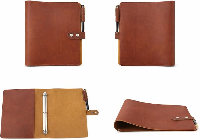 Premium Leather 3-Ring Binder Portfolio, 8.5x11 Inch Letter Size Organizer Folder, Refillable 3-Hole Paper BusinessBinder, Resume Folio for Men and Women (Tan)
