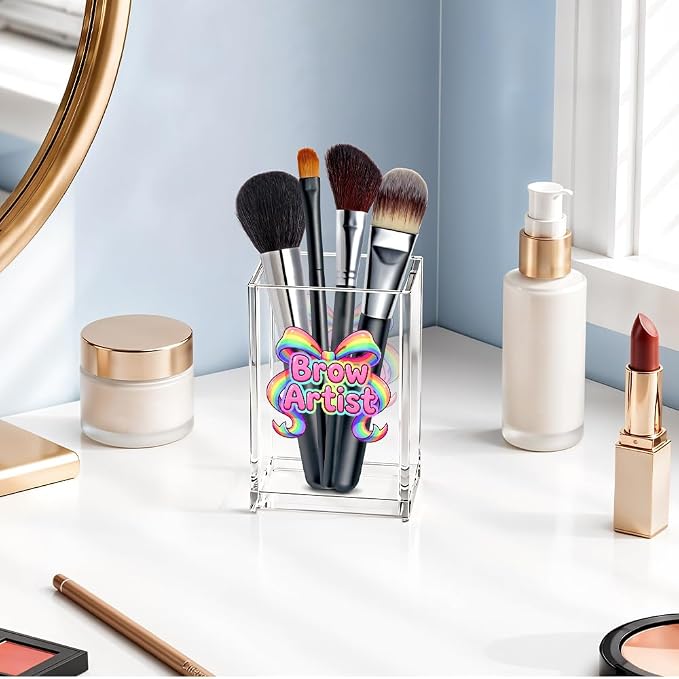 Brow Artist Acrylic Cosmetic Pencil Pen Holder, Funny Bow Vanity Accessories for Cosmetologist, Makeup Brushes Holder for Beauty Specialist Eyebrow Technician, Brow Artist Appreciation Gifts