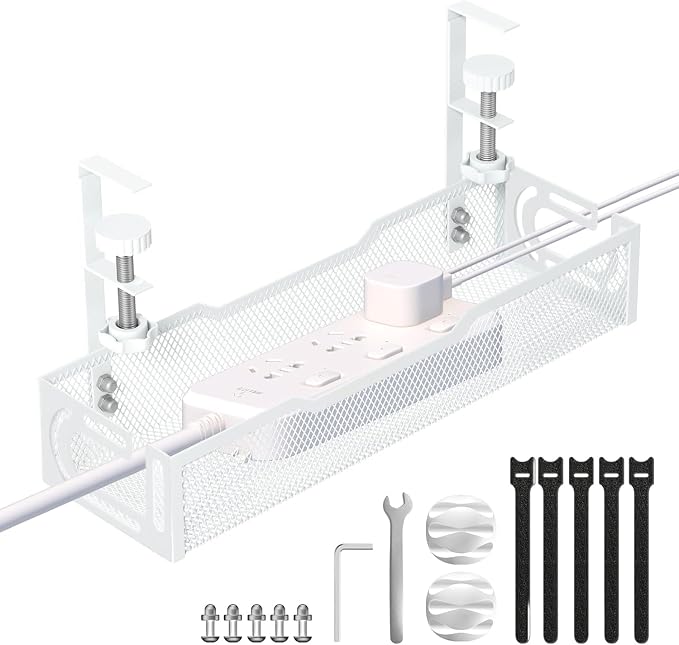 Under Desk Cable Management Tray, No Drill Mesh Cable Tray Cord Organizer | Wire Management Tray Cable Management Rack, Cable Management Box (White)