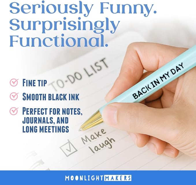 Moonlight Makers - Set of 5 Ballpoint Pens Black Ink- Engraved Funny Pens for Adults - Fatherhood Appreciation Adult Gifts - Ideal Desk Decor for Work and Office Desk - Cute Packaging, Handy Clips