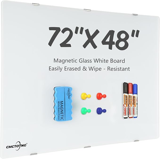 Magnetic Glass Whiteboard - 72"X48" Dry Erase White Board Frameless Glass Boards with Super Strong Magnets, Wall Mounted for Office, School and Home.