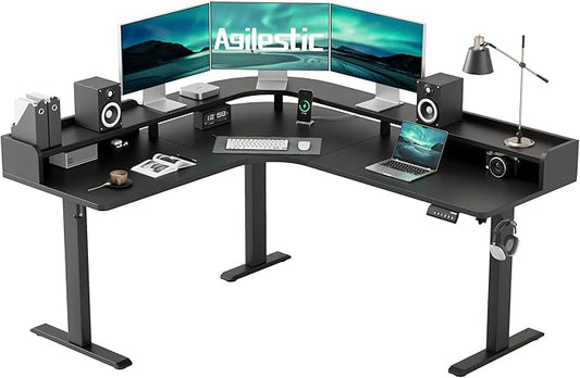 Agilestic L Shaped Standing Desk, Corner Desk with Monitor Shelf, Adjustable Height Gaming Table, Sit Stand Up Table, 63 x 55 Inch Home Office Computer Workstation, Splice Board, Black