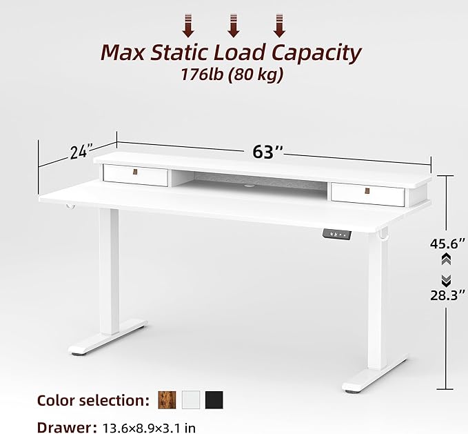 TIQLAB Standing Desk with Two Drawers, Stand Up Standing Desk Adjustable Height, Electric Sit Stand Table with Storage Shelf and Splice Board, 63 * 24 inch, White