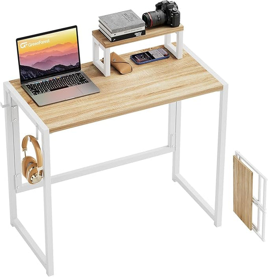 GreenForest Folding Desk with Monitor Stand, 31.5 Inch Foldable Computer Desk with Hook and Storage, Sturdy Small Space-Saving Writing Work Table for Home Office Dorm, Oak