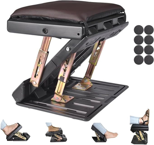 Under Desk Footrest, 4-Level Height Adjustable 12Modes Foldable Footrest | Soft Removable Cushion Adds Comfort,Ergonomic Support,Massage Beads,for Office,Gaming & Home Desks,Max-Load 120Lbs,Brown
