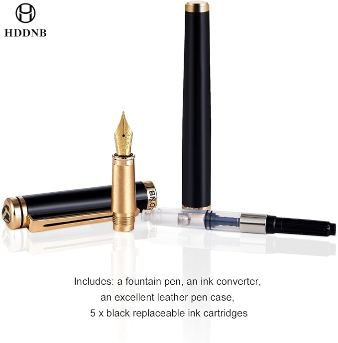 Black Luxury Fountain Pen Set for Men and Women with Gift Box, 24K Gold Finish and Gilded Nib(Medium) with 5 Black Ink Cartridges and Converter