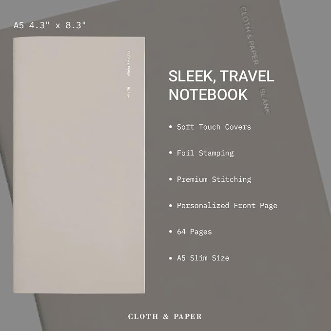 Cloth & Paper Travel Notebook | Blank Notebook – Angora | A5 Slim Writing Journal 4.3" x 8.3" | Unlined Notebook for Writing, Sketching, Creative Planning, Journaling & Notes – Soft Touch Cover