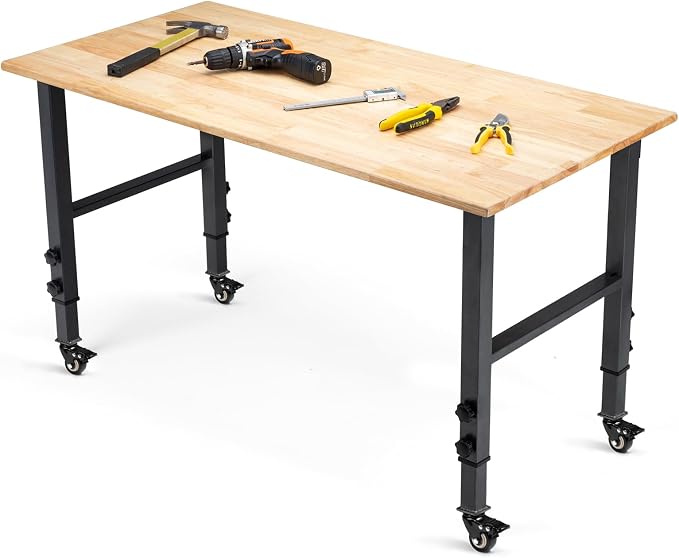 OLBRUS 48 "Adjustable Wheels Workbench, Heavy Duty 2000 LBS Load Capacity Hardwood Workbench Suitable for Workshop, Office, Garage, Home (Metal Wheels丨No Power Outlets 48"x24")