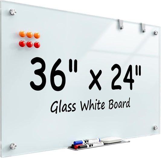 MaxGear 36" x 24" Glass Whiteboard Wall Mounted for Office Home Classroom | Magnetic Glass Dry Erase Board, Tempered Glass, Steel Backed, Non-Porous Surface, Frameless Design, Hardware Included
