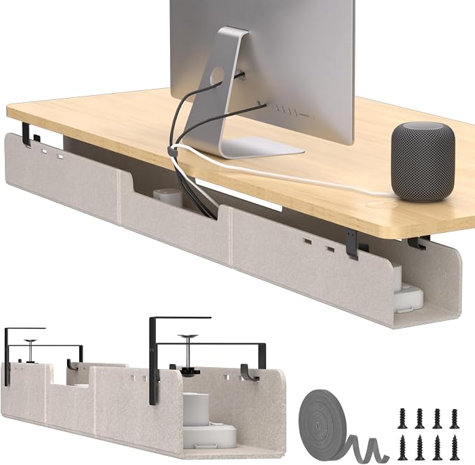 No-Drill Under Standing Desk Cable Management,47.2" L,Beige | Upgraded 0.25" Heavy-Duty Felt Cable Organizer,Desk Wire Management Tray with Clamp or Screw Mount, for Home Or Office