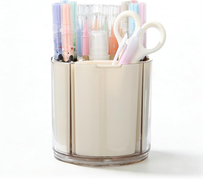 Comix 360° Rotating Pen Holder for Desk, Beige Pencil Holder with 5 Slots | Expandable Capacity, Acrylic Pen Organizer Easy to Clean, Cute Pencil Cup for Home School Office Art Supplies