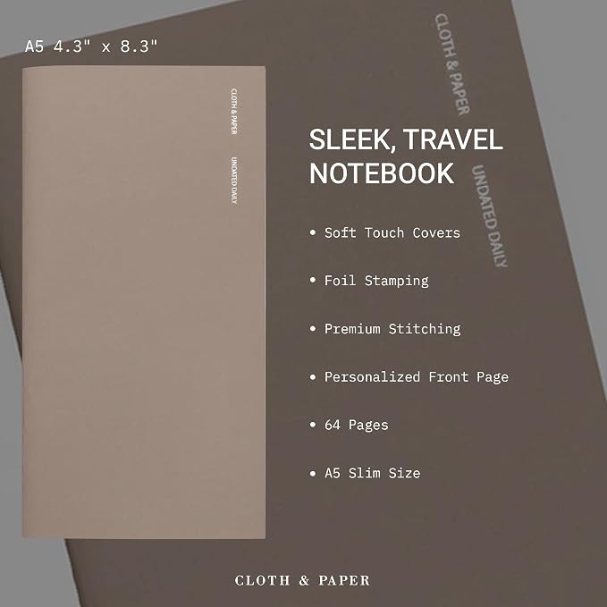 Cloth & Paper Travel Notebook | Undated Daily Planner – Verona | A5 Slim Daily Planner 4.3" x 8.3" | Productivity Planner with Schedule, Priorities & Task Layout for Daily Planning – Soft Touch Cover